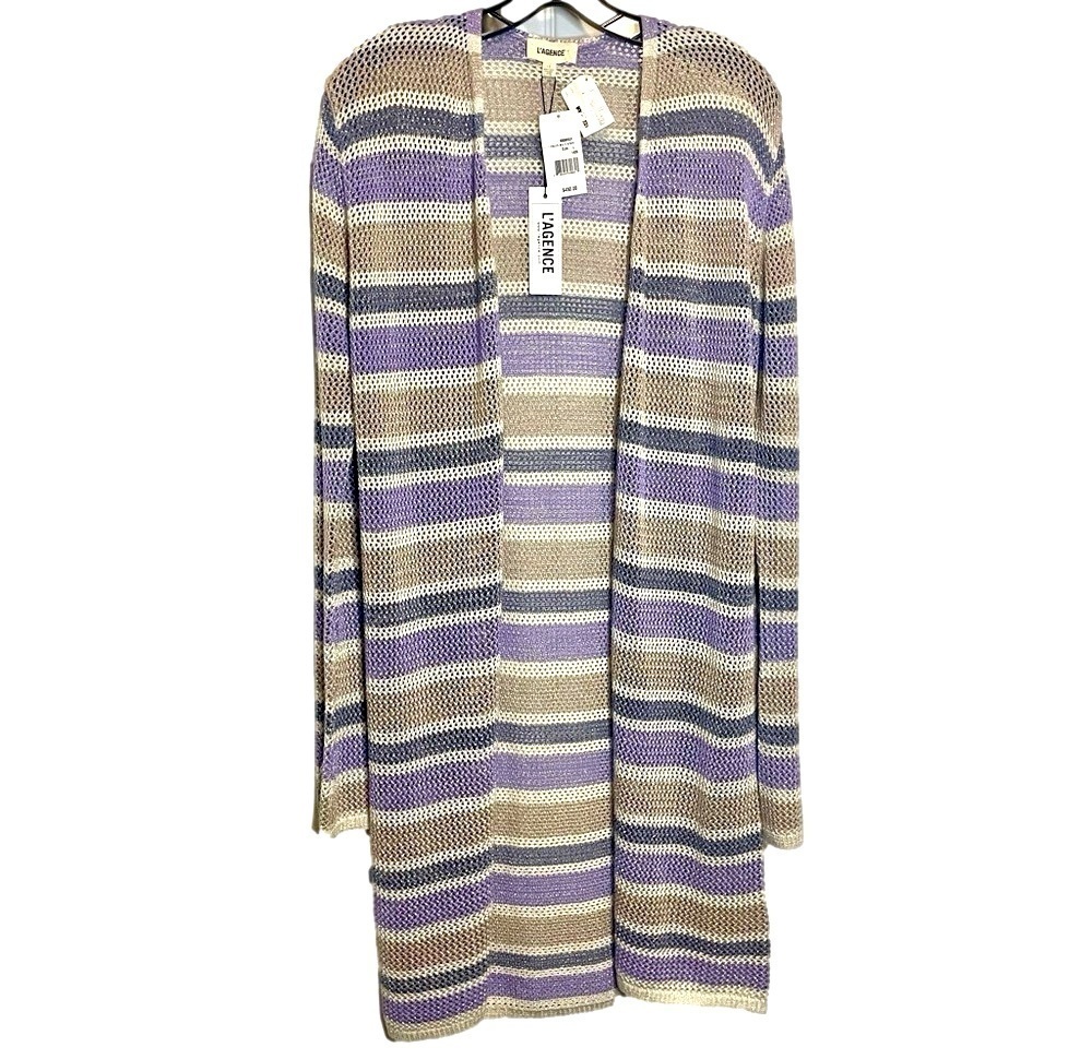 L’AGENCE Koi Striped Metallic Open-Knit Longline Cardigan NWT Large Duster - Picture 5 of 11
